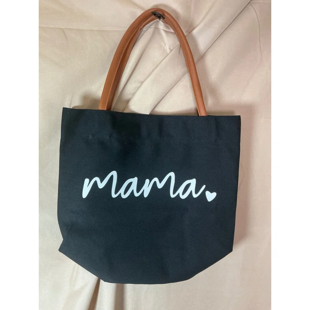 Mama Heart Graphic Canvas Tote Bag Black Tan Handles Magnetic Snap Pocket